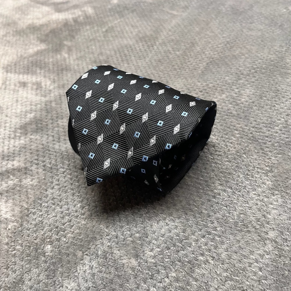 Mark‎ Pendleton Mens Black Geometric Silk Tie Blue Silver Diamond Pattern Formal